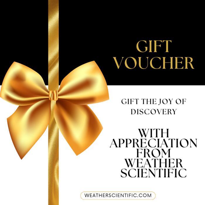 Gift voucher with a gold bow on a black and white background, featuring text about Weather Scientific