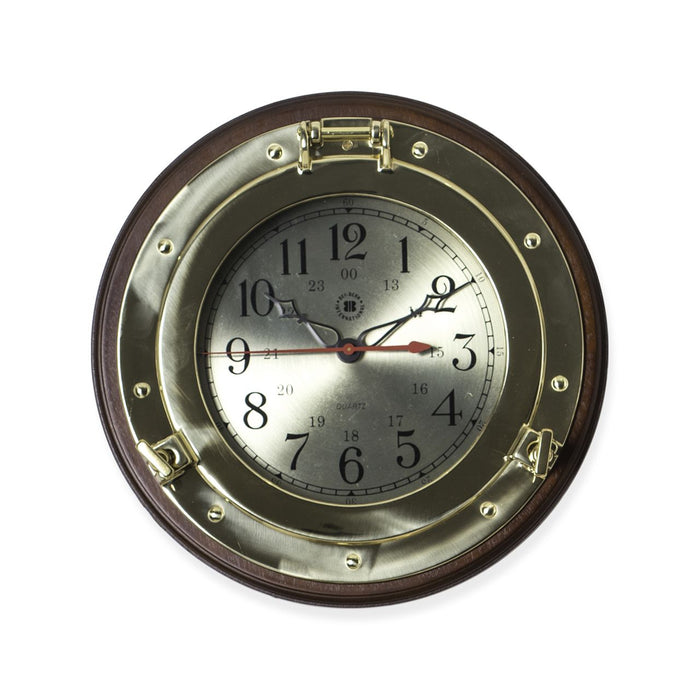 Weather Scientific Bey-Berk Brass Porthole Quartz Clock on Dark Cherry Wood SQ500 Bey-Berk
