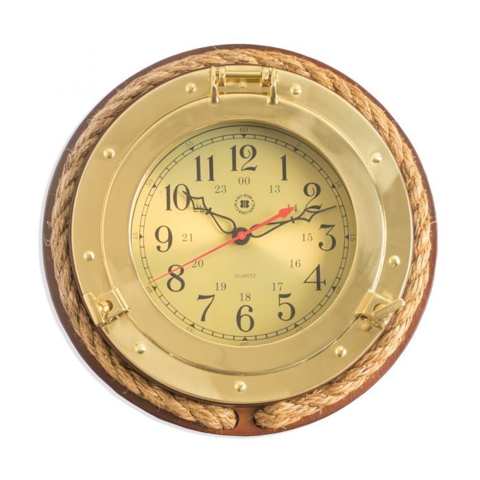 Weather Scientific Bey-Berk Solid brass porthole quartz clock with fisherman's rope on dark cherry wood SQ501 Bey-Berk