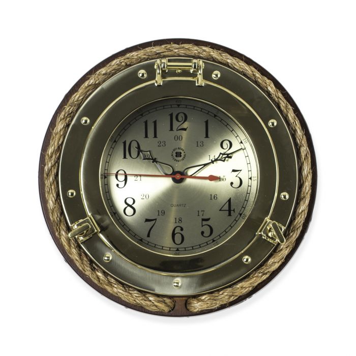 Weather Scientific Bey-Berk Solid brass porthole quartz clock with fisherman's rope on dark cherry wood SQ501 Bey-Berk