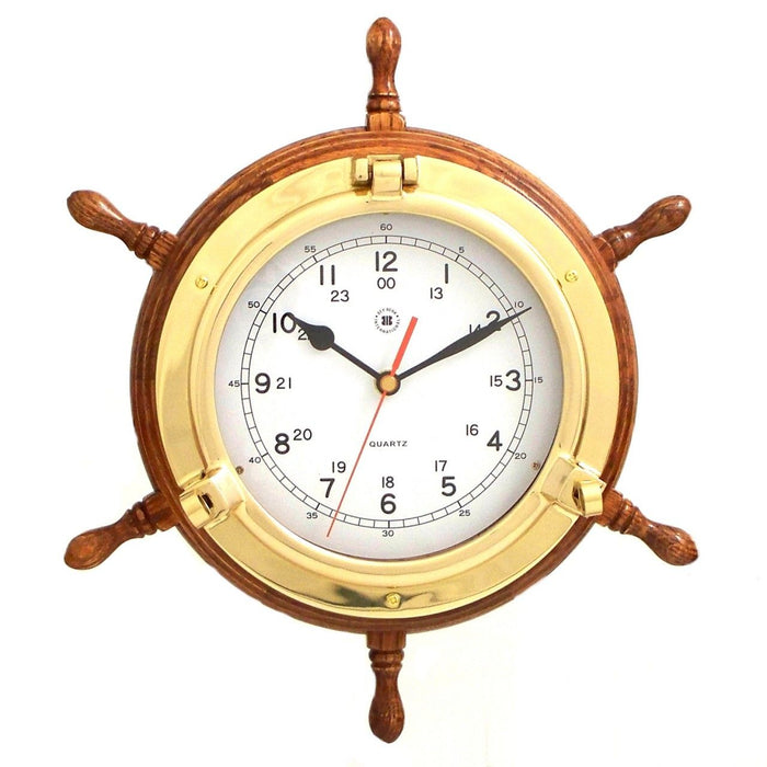 Weather Scientific Bey-Berk Lacquered Brass Porthole Quartz Clock with Ship's Wheel on Oak Wood SQ509 Bey-Berk