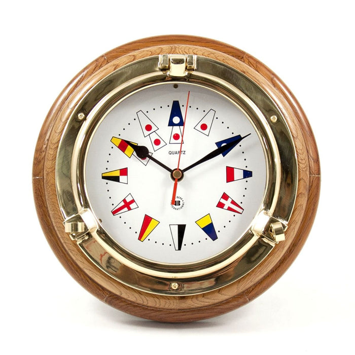 Weather Scientific Bey-Berk Lacquered Brass Porthole Quartz Clock with Nautical Flags Dial Face on Oak Wood SQ517 Bey-Berk