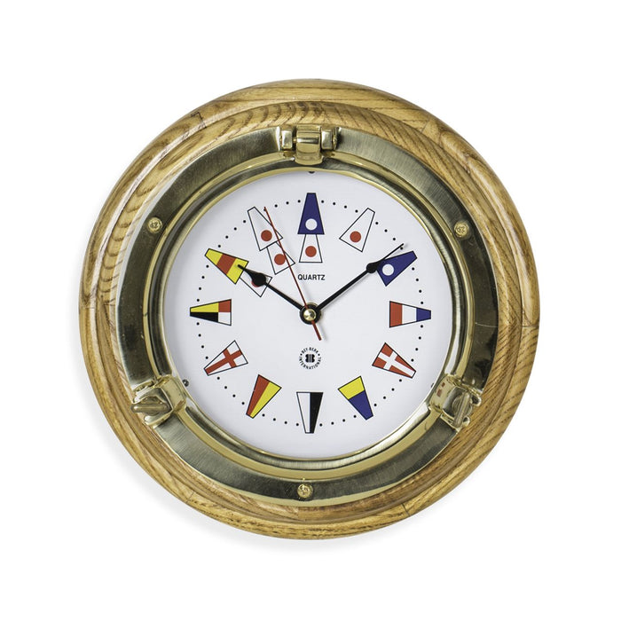 Weather Scientific Bey-Berk Lacquered Brass Porthole Quartz Clock with Nautical Flags Dial Face on Oak Wood SQ517 Bey-Berk