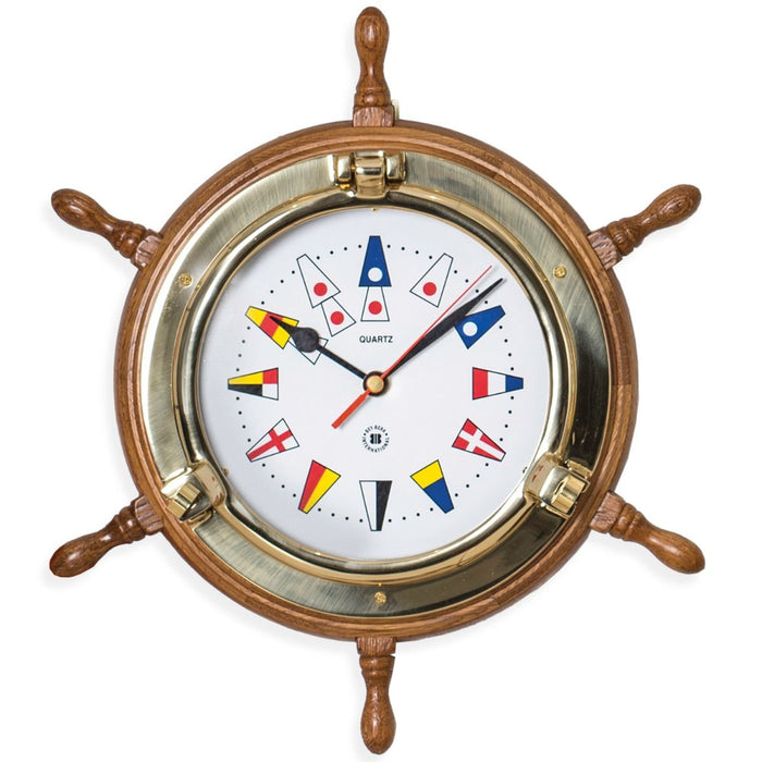 Weather Scientific Bey-Berk Lacquered Brass Porthole Quartz Clock on Oak Ship's Wheel with Nautical Flags SQ518 Bey-Berk
