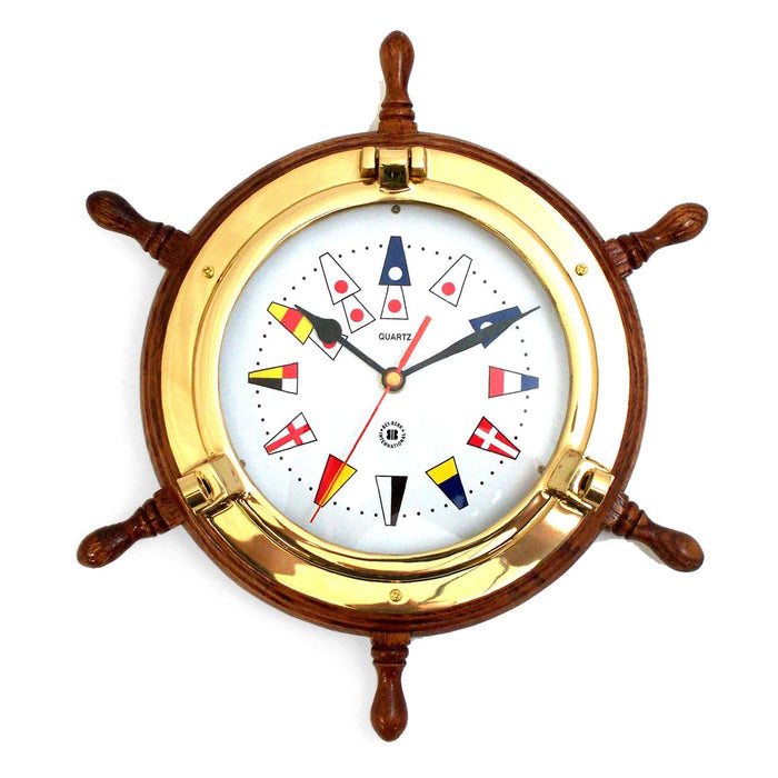 Weather Scientific Bey-Berk Lacquered Brass Porthole Quartz Clock on Oak Ship's Wheel with Nautical Flags SQ518 Bey-Berk