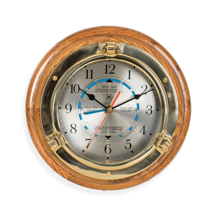 Weather Scientific Bey-Berk Lacquered Brass Porthole Tide & Time Quartz Clock on Oak Wood SQ528 Bey-Berk
