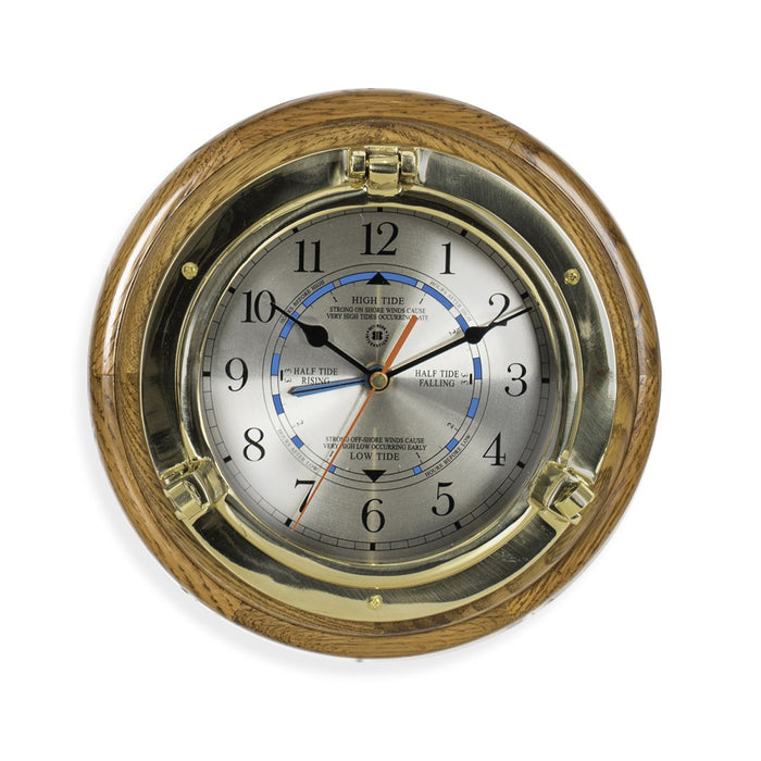 Weather Scientific Bey-Berk Lacquered Brass Porthole Tide & Time Quartz Clock on Oak Wood SQ528 Bey-Berk