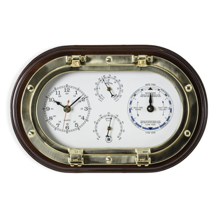Weather Scientific Bey-Berk Lacquered Brass Oval Porthole Quartz Tide and Time Clocks, Thermometer and Hygrometer on Mahogany Wood SQB579 Bey-Berk