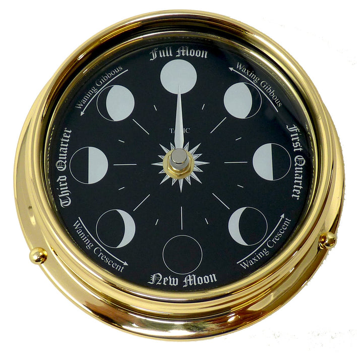 Weather Scientific Tabic Clocks Handmade Prestige Moon Phase Clock in Solid Brass With A Jet Black Dial created with a mirrored backdrop Tabic Clocks