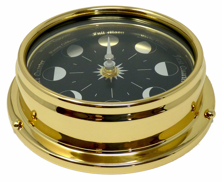 Weather Scientific Tabic Clocks Handmade Prestige Moon Phase Clock in Solid Brass With A Jet Black Dial created with a mirrored backdrop Tabic Clocks