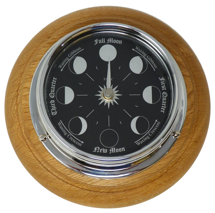 Weather Scientific Tabic Clocks Handmade Prestige Moon Phase Clock in Chrome on an English Oak Wall Mount Tabic Clocks