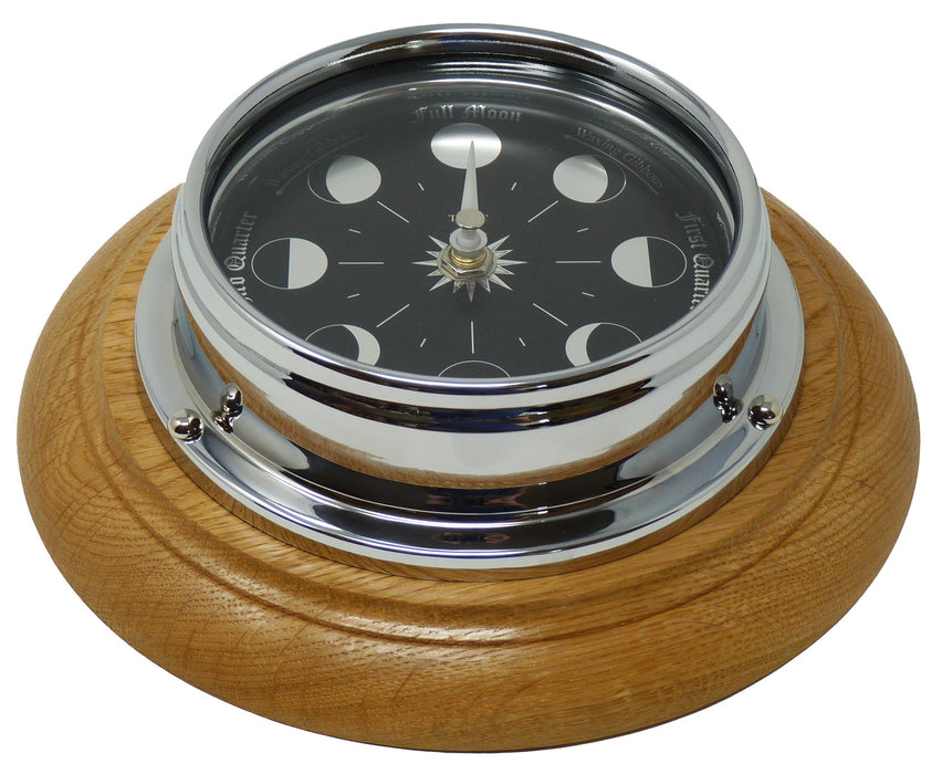 Weather Scientific Tabic Clocks Handmade Prestige Moon Phase Clock in Chrome on an English Oak Wall Mount Tabic Clocks