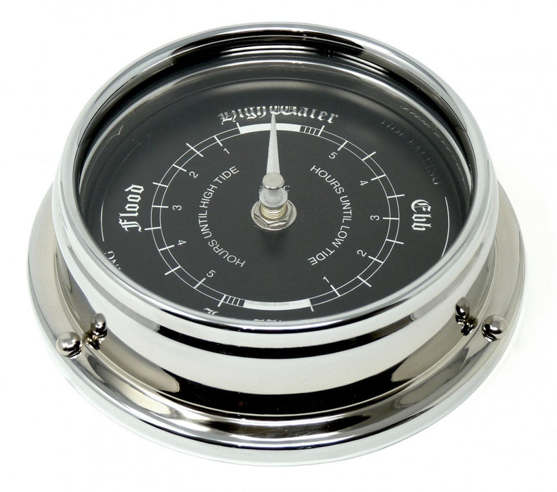 Weather Scientific Tabic Clocks Handmade Prestige Tide Clock in Chrome With A Jet Black Dial created with a mirrored backdrop Tabic Clocks