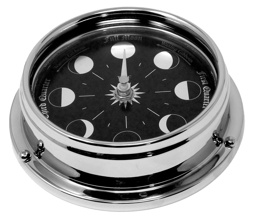 Weather Scientific Tabic Clocks Handmade Prestige Moon Phase Clock in Chrome with Jet Black Dial created with a mirrored backdrop Tabic Clocks