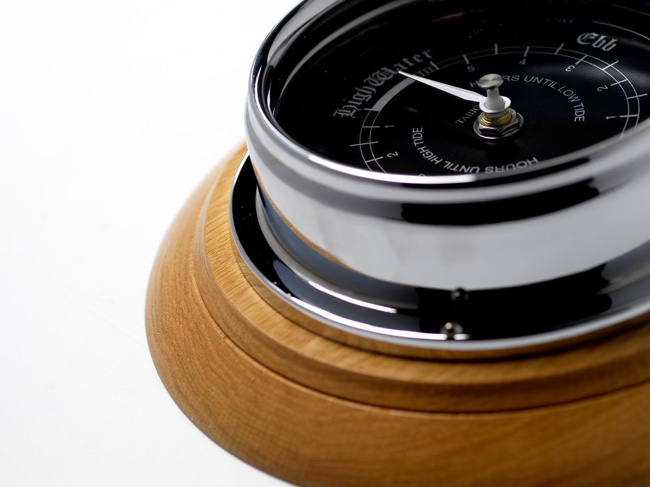 Weather Scientific Tabic Clocks Handmade Prestige Tide Clock in Chrome on an English Oak Wall Mount Tabic Clocks