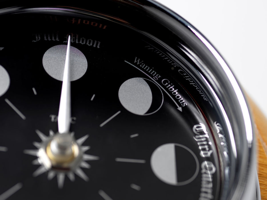 Weather Scientific Tabic Clocks Handmade Prestige Moon Phase Clock in Chrome on an English Oak Wall Mount Tabic Clocks