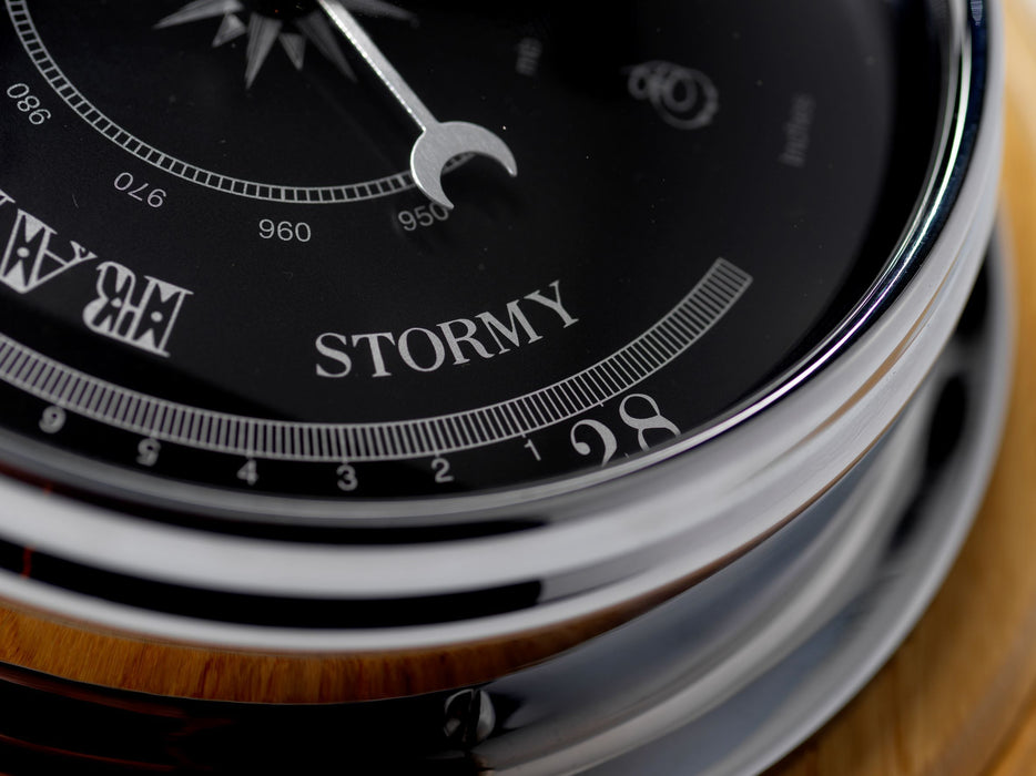 Weather Scientific Tabic Clocks Handmade Prestige Barometer in Chrome with Jet Black Dial Mounted on an English Oak Wall Mount Tabic Clocks