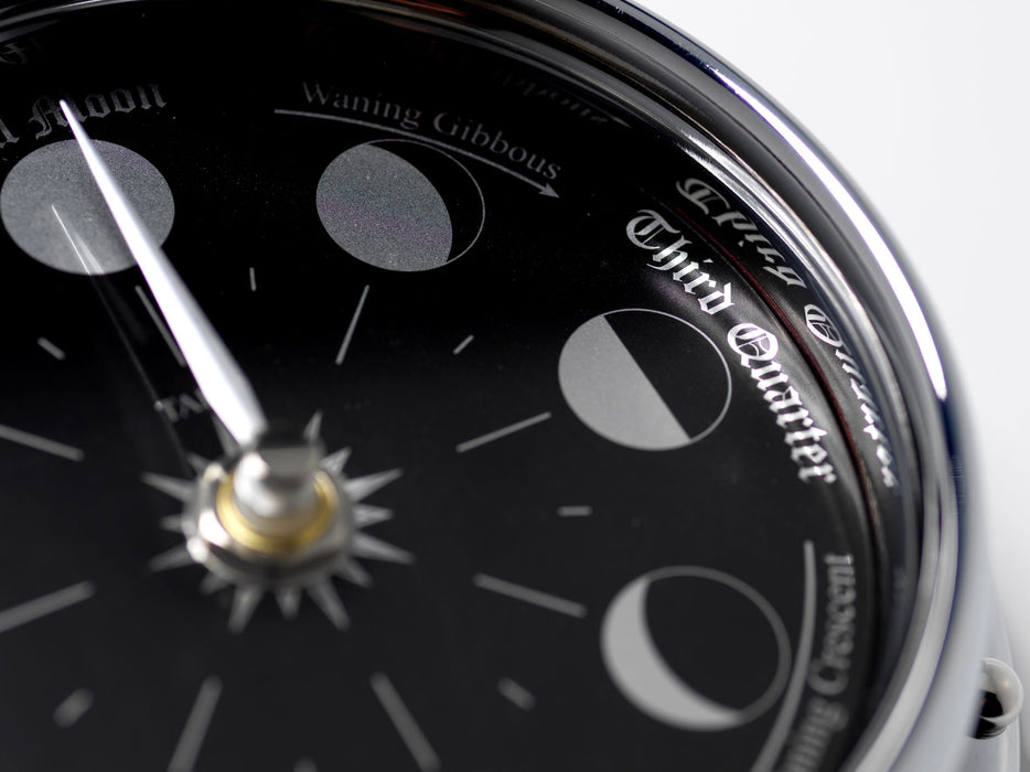 Weather Scientific Tabic Clocks Handmade Prestige Moon Phase Clock in Chrome with Jet Black Dial created with a mirrored backdrop Tabic Clocks