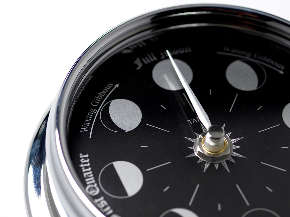Weather Scientific Tabic Clocks Handmade Prestige Moon Phase Clock in Chrome with Jet Black Dial created with a mirrored backdrop Tabic Clocks