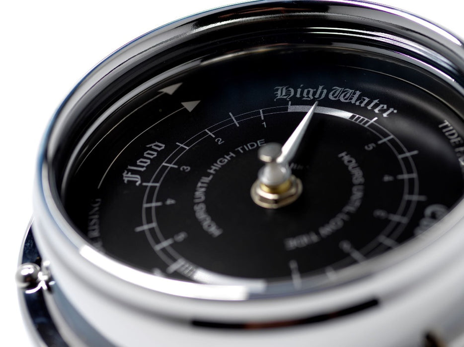 Weather Scientific Tabic Clocks Handmade Prestige Tide Clock in Chrome on an English Oak Mantel/Display Mount face detail