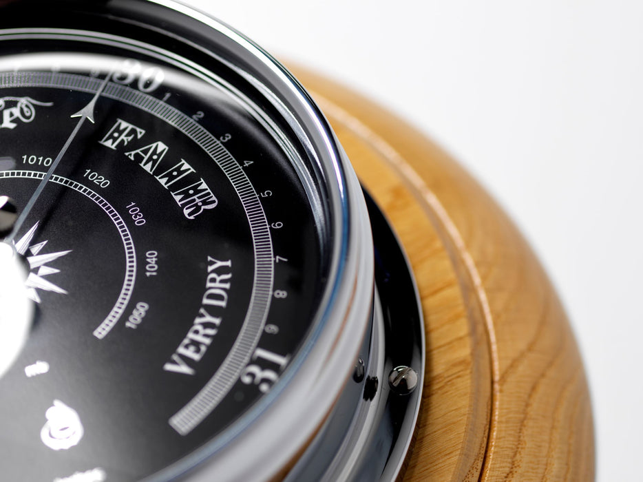 Weather Scientific Tabic Clocks Handmade Prestige Barometer in Chrome with Jet Black Dial Mounted on an English Oak Wall Mount Tabic Clocks