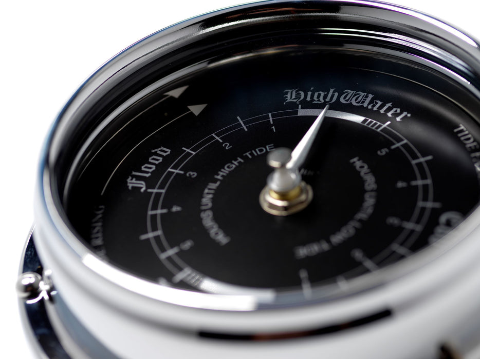 Weather Scientific Tabic Clocks Handmade Prestige Tide Clock in Chrome With A Jet Black Dial created with a mirrored backdrop Tabic Clocks