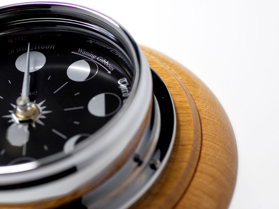 Weather Scientific Tabic Clocks Handmade Prestige Moon Phase Clock in Chrome on an English Oak Wall Mount Tabic Clocks