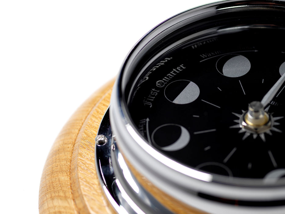 Weather Scientific Tabic Clocks Handmade Prestige Moon Phase Clock in Chrome on an English Oak Wall Mount Tabic Clocks