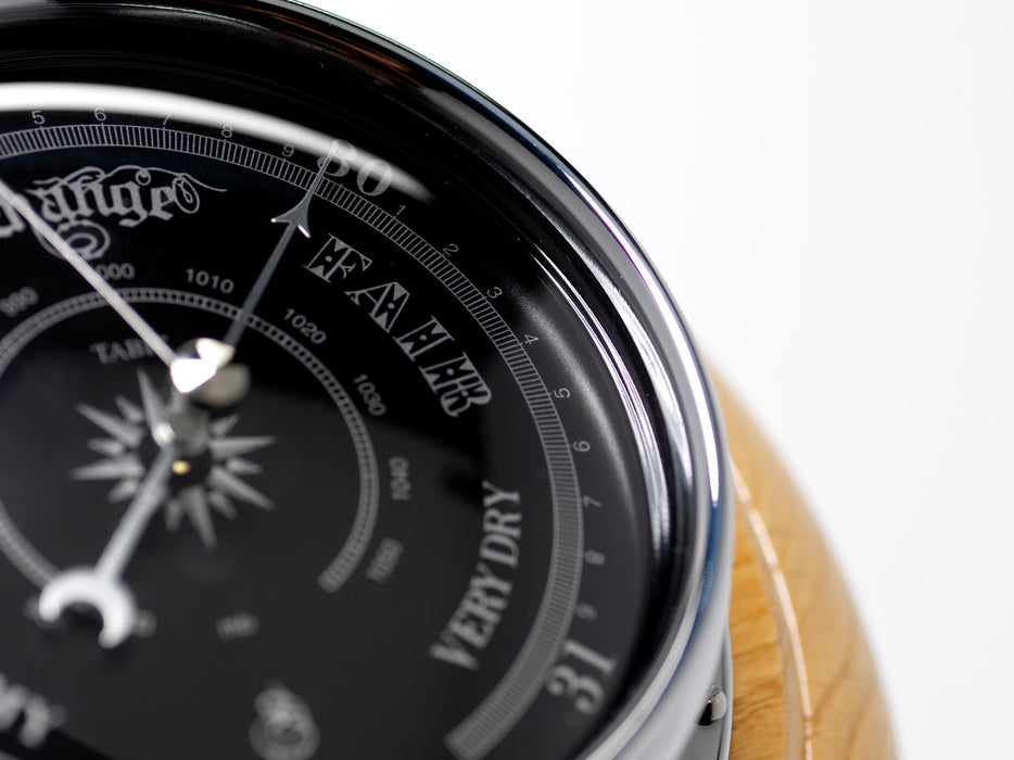 Weather Scientific Tabic Clocks Handmade Prestige Barometer in Chrome with Jet Black Dial Mounted on an English Oak Wall Mount Tabic Clocks