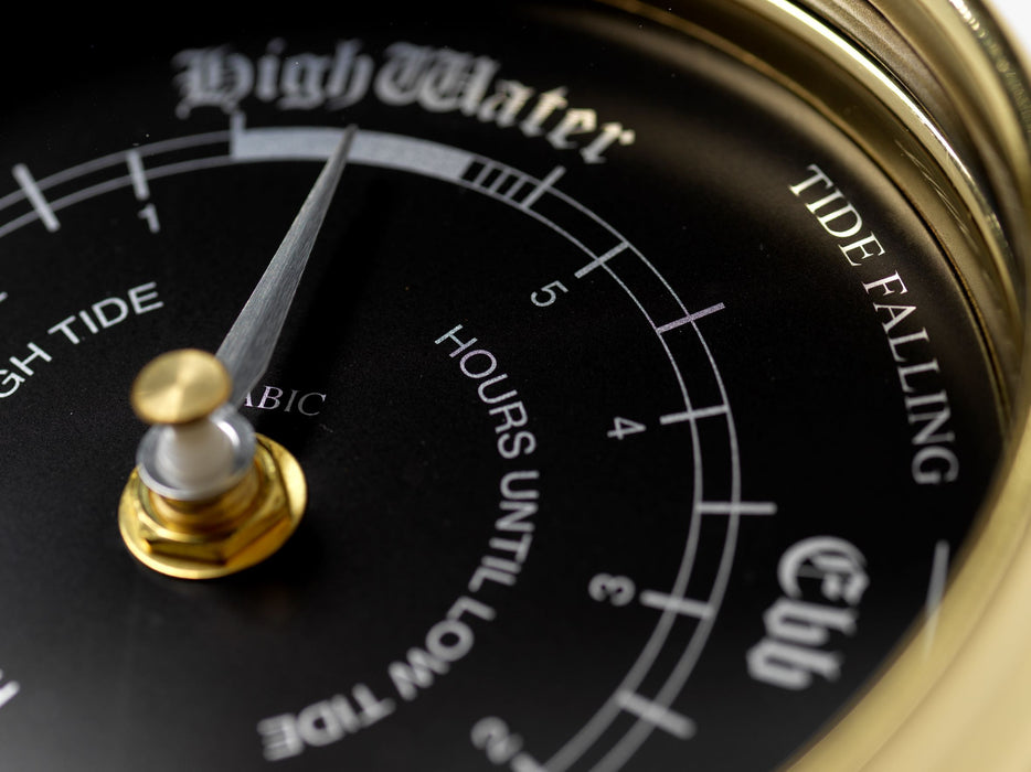 Weather Scientific Tabic Clocks Handmade Prestige Tide Clock in Solid Brass With a Jet Black Dial, mounted on a solid English Oak Mantel/Display Mount Tabic Clocks