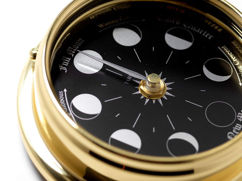 Weather Scientific Tabic Clocks Handmade Prestige Moon Phase Clock in Solid Brass With A Jet Black Dial created with a mirrored backdrop Tabic Clocks