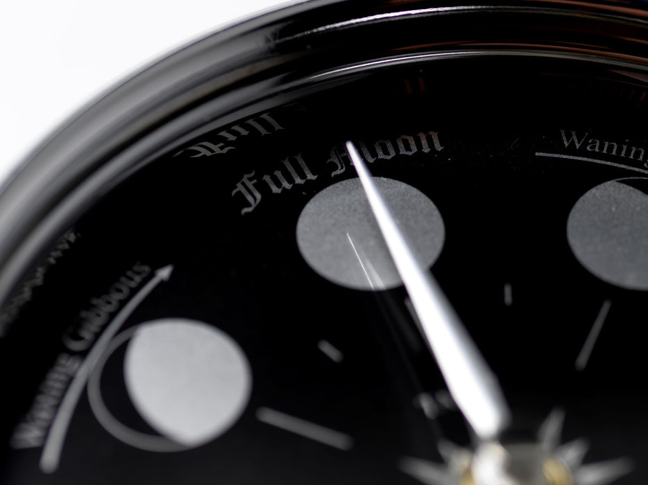 Weather Scientific Tabic Clocks Handmade Prestige Moon Phase Clock in Chrome with Jet Black Dial created with a mirrored backdrop Tabic Clocks