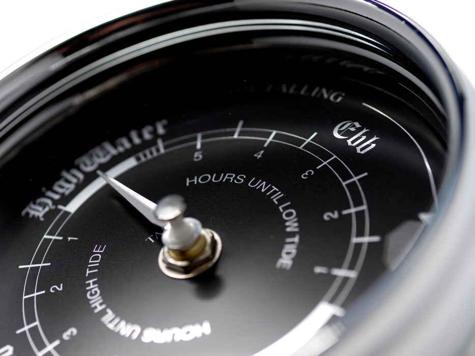 Weather Scientific Tabic Clocks Handmade Prestige Tide Clock in Chrome With A Jet Black Dial created with a mirrored backdrop Tabic Clocks