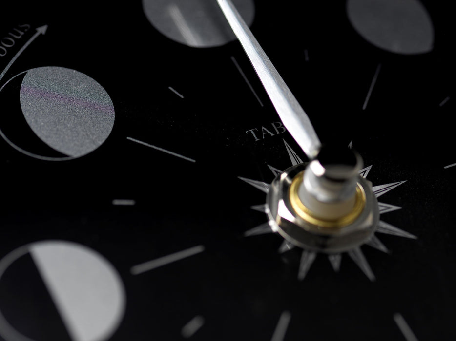 Weather Scientific Tabic Clocks Handmade Prestige Moon Phase Clock in Chrome with Jet Black Dial created with a mirrored backdrop Tabic Clocks