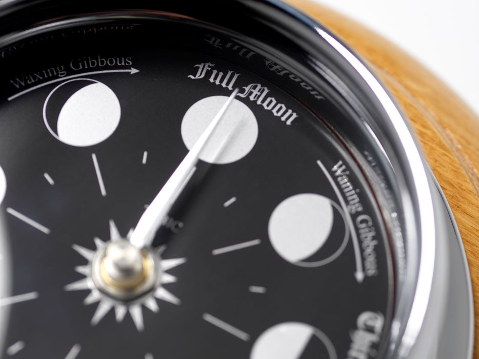 Weather Scientific Tabic Clocks Handmade Prestige Moon Phase Clock in Chrome on an English Oak Wall Mount Tabic Clocks