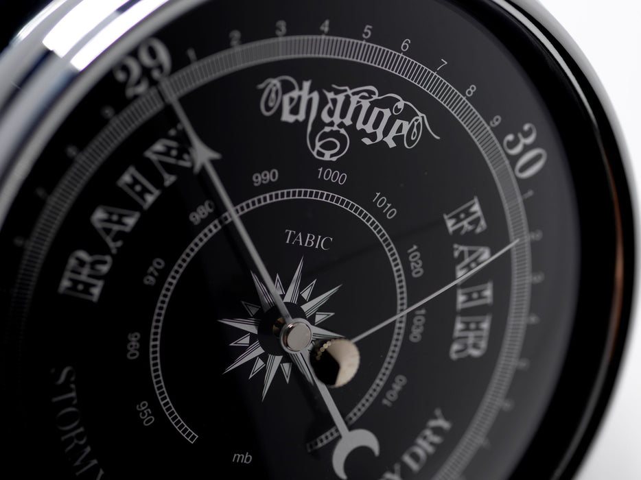 Weather Scientific Tabic Clocks Handmade Prestige Barometer in Chrome with Jet Black Dial Mounted on an English Oak Mantel/Display Mount Tabic Clocks