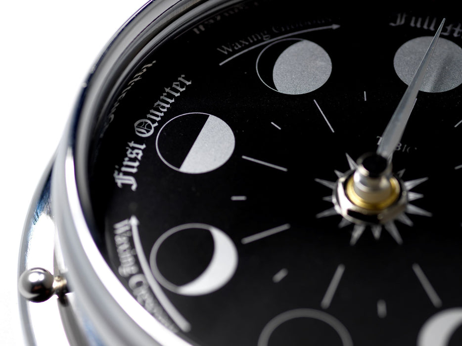 Weather Scientific Tabic Clocks Handmade Prestige Moon Phase Clock in Chrome with Jet Black Dial created with a mirrored backdrop Tabic Clocks