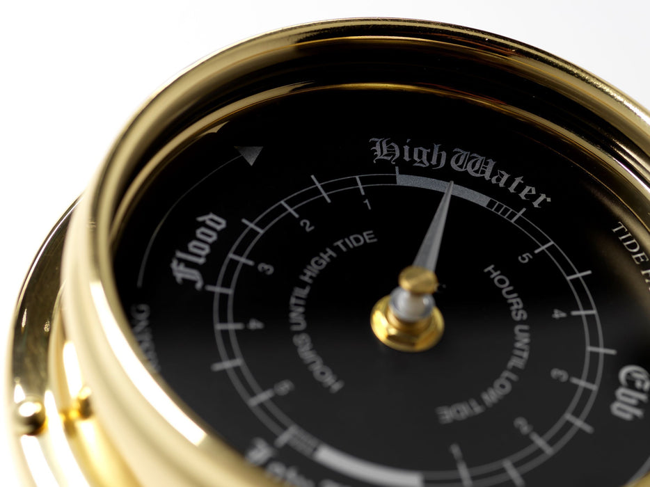 Weather Scientific Tabic Clocks Handmade Prestige Tide Clock in Solid Brass With a Jet Black Dial, mounted on a solid English Oak Mantel/Display Mount Tabic Clocks