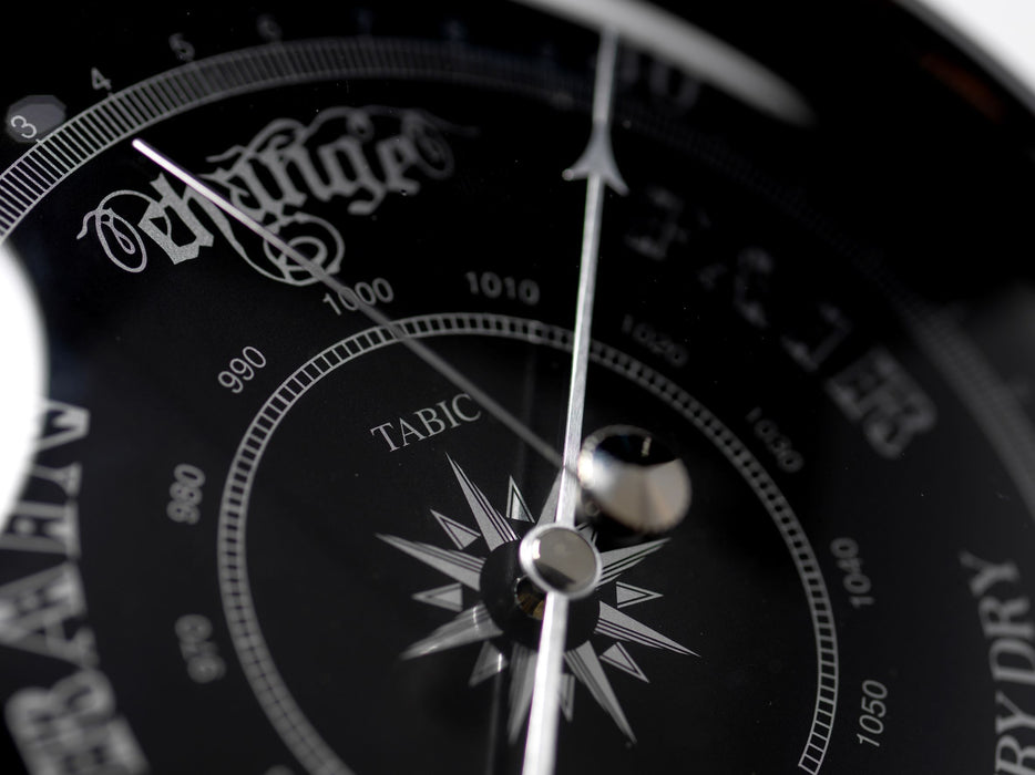 Weather Scientific Tabic Clocks Handmade Prestige Barometer in Chrome with Jet Black Dial Mounted on an English Oak Wall Mount Tabic Clocks