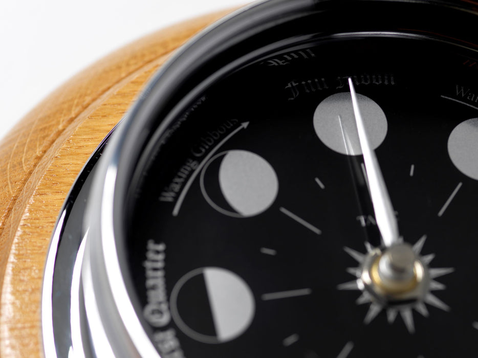 Weather Scientific Tabic Clocks Handmade Prestige Moon Phase Clock in Chrome on an English Oak Wall Mount Tabic Clocks