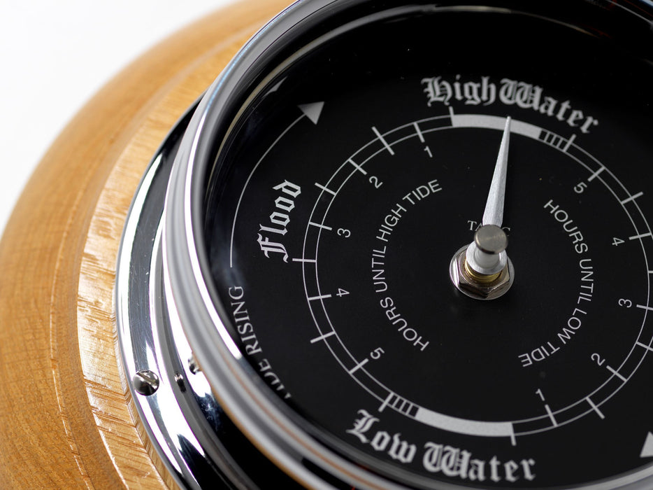 Weather Scientific Tabic Clocks Handmade Prestige Tide Clock in Chrome on an English Oak Wall Mount Tabic Clocks