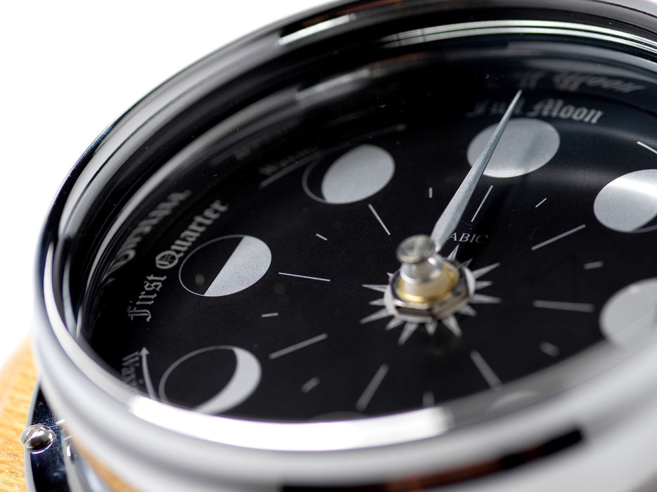 Weather Scientific Tabic Clocks Handmade Prestige Moon Phase Clock in Chrome on an English Oak Wall Mount Tabic Clocks