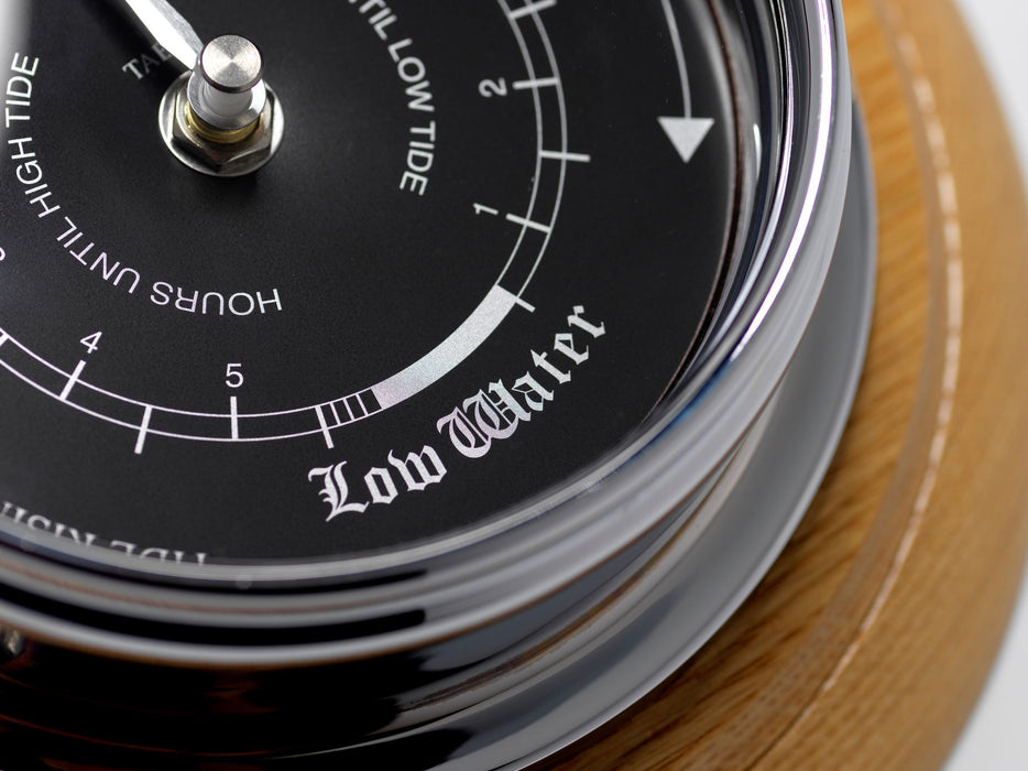 Weather Scientific Tabic Clocks Handmade Prestige Tide Clock in Chrome on an English Oak Wall Mount Tabic Clocks