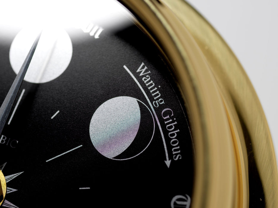 Weather Scientific Tabic Clocks Handmade Prestige Moon Phase Clock in Solid Brass With A Jet Black Dial created with a mirrored backdrop Tabic Clocks