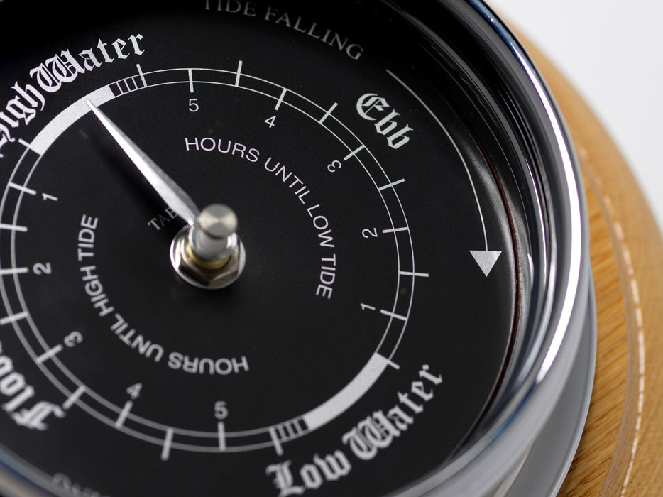 Weather Scientific Tabic Clocks Handmade Prestige Tide Clock in Chrome on an English Oak Wall Mount Tabic Clocks