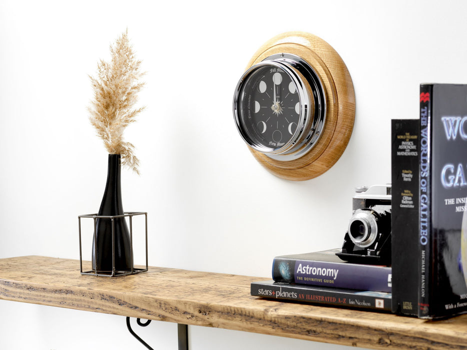 Weather Scientific Tabic Clocks Handmade Prestige Moon Phase Clock in Chrome on an English Oak Wall Mount Tabic Clocks