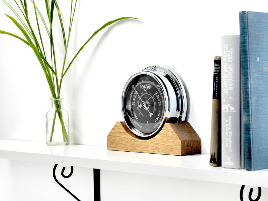 Weather Scientific Tabic Clocks Handmade Prestige Barometer in Chrome with Jet Black Dial Mounted on an English Oak Mantel/Display Mount Tabic Clocks