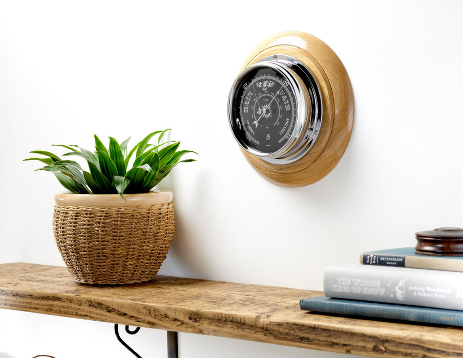 Weather Scientific Tabic Clocks Handmade Prestige Barometer in Chrome with Jet Black Dial Mounted on an English Oak Wall Mount Tabic Clocks