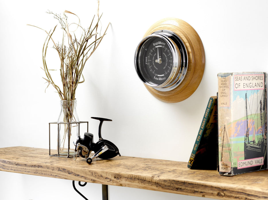 Weather Scientific Tabic Clocks Handmade Prestige Tide Clock in Chrome on an English Oak Wall Mount Tabic Clocks