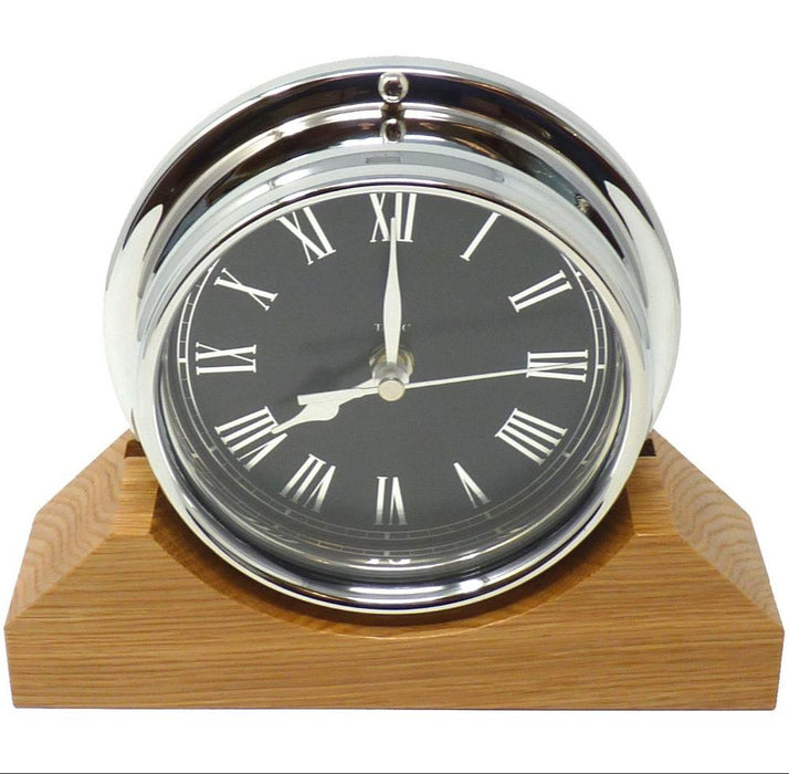 Weather Scientific Tabic Clocks Handmade Prestige Roman Clock in Chrome with Jet Black Dial Mounted on an English Oak Mantel/Display Mount main profile